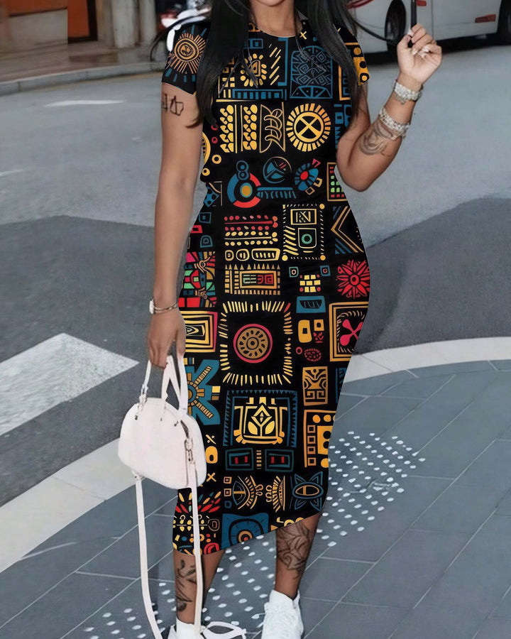 African Textile Design Short Sleeve Bodycon Dress