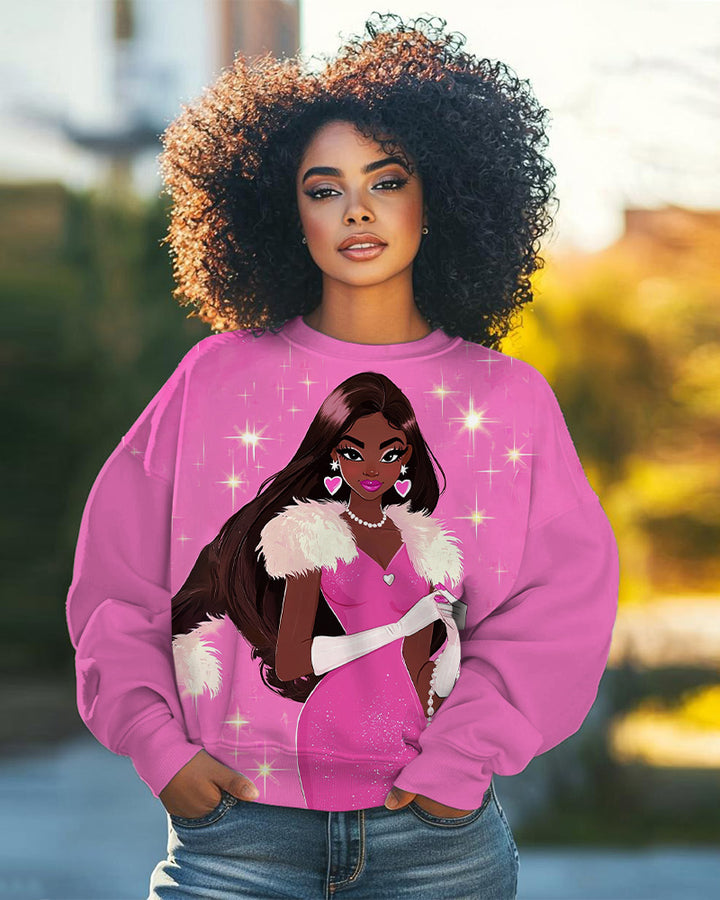 Fashion Girl Printed Long-Sleeved Round-Neck Sweatshirt