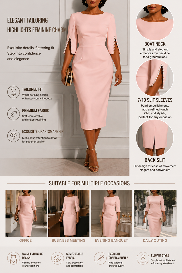 Women's Round Neck Pearl Sleeve Bodycon Dress