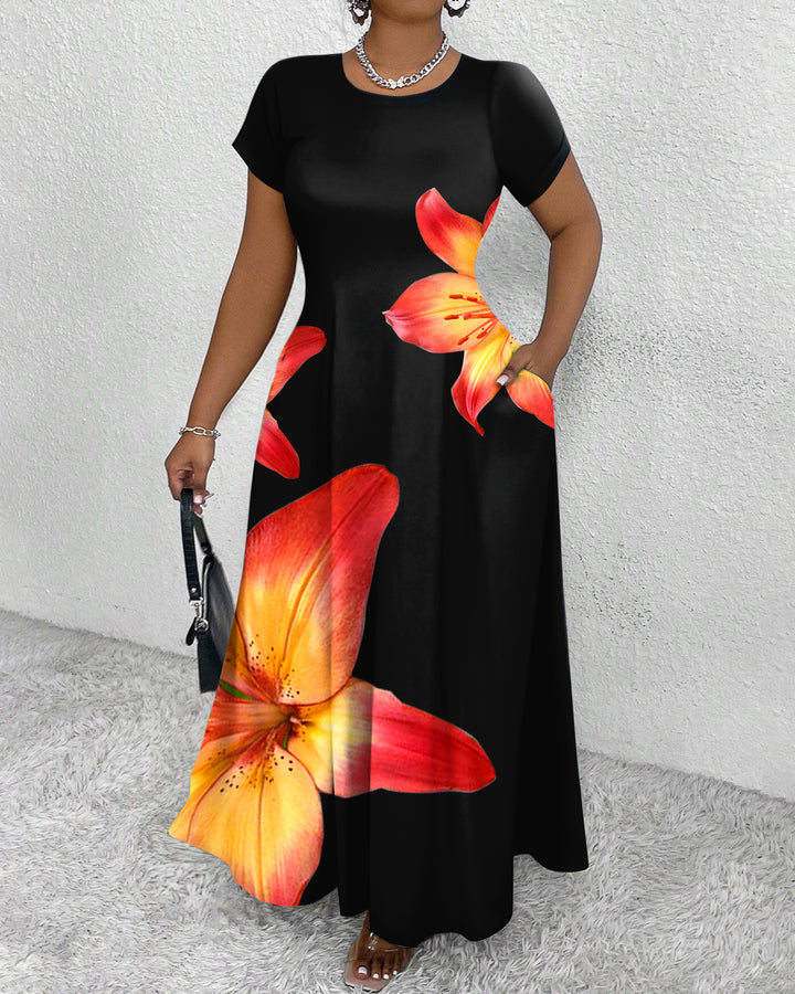 Lily Print Round Neck Short Sleeve Maxi Dress