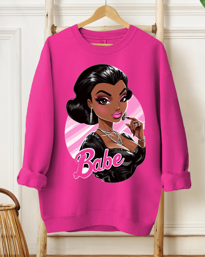 Fashion Doll Print Round Neck Long Sleeve Casual Sweatshirt