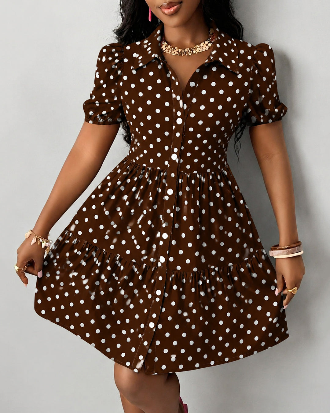 Classic White Polka Dots Print Ruffle Lantern Sleeve Loose Dress
