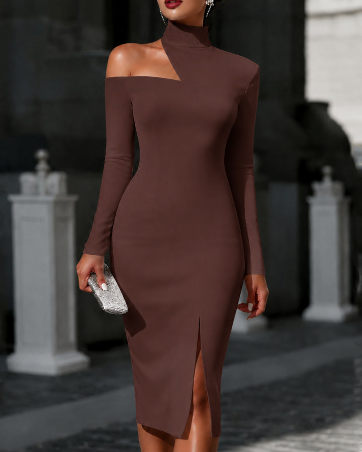 Off-the-shoulder High-neck Slim-fit Solid Color Dress Party Dress