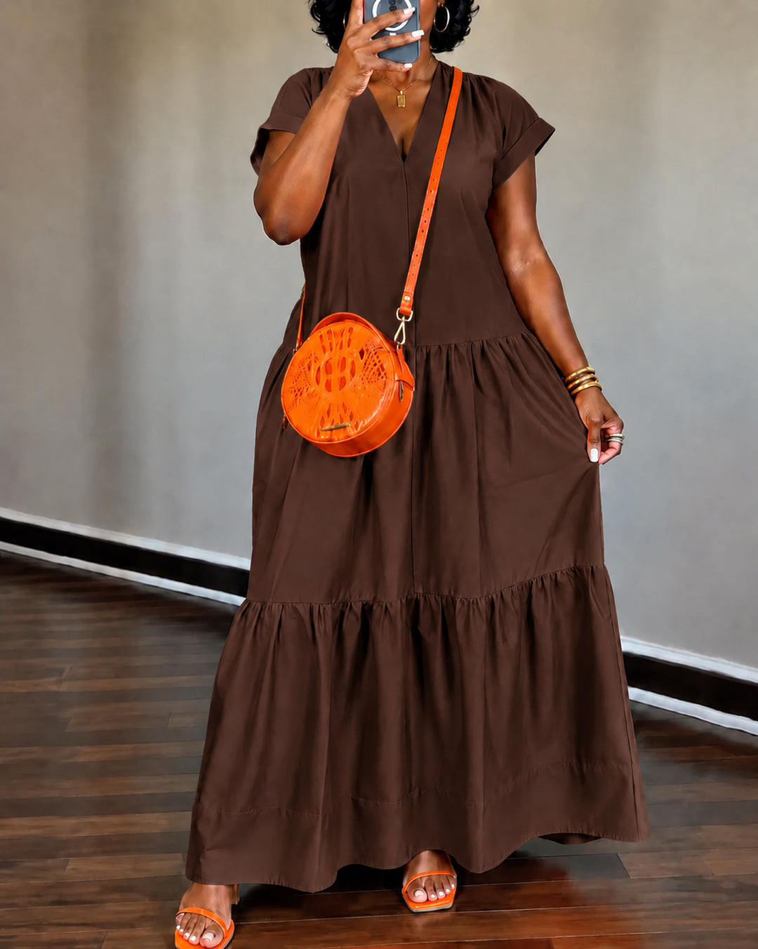 Solid Color V-neck Short-sleeved Dress with Ruffled Hem