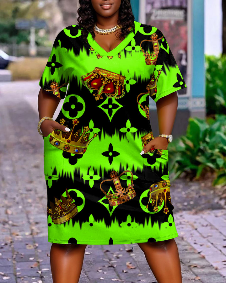 Geometric Flower Patchwork Casual V-neck Pocket Dress