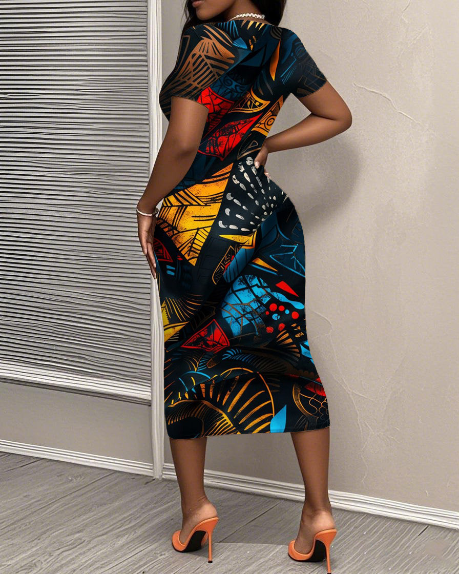 African Color in Tribal  Short Sleeve Bodycon Dress
