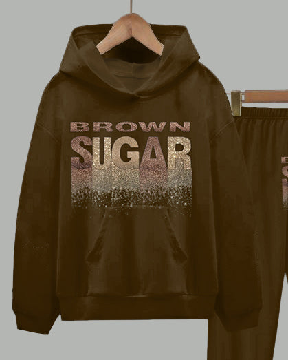 Brown Suger Long Sleeve Hoodie Two Pieces Set