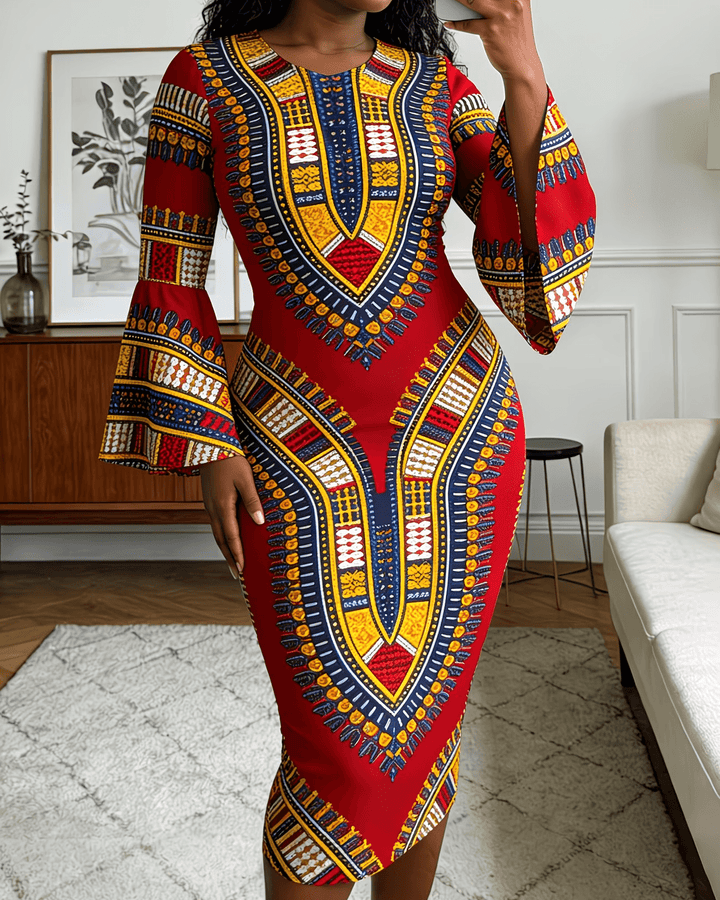 Classic African Prints Black Culture Print Flared Sleeves Mini Dresses