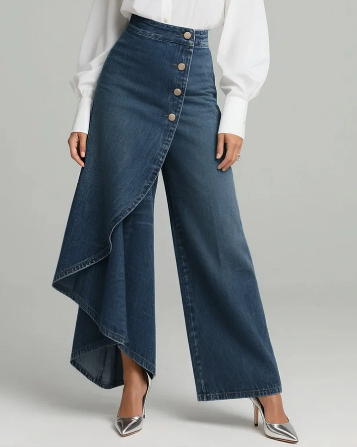 Ruffled Button-front High-waisted Washed Wide-leg Jeans