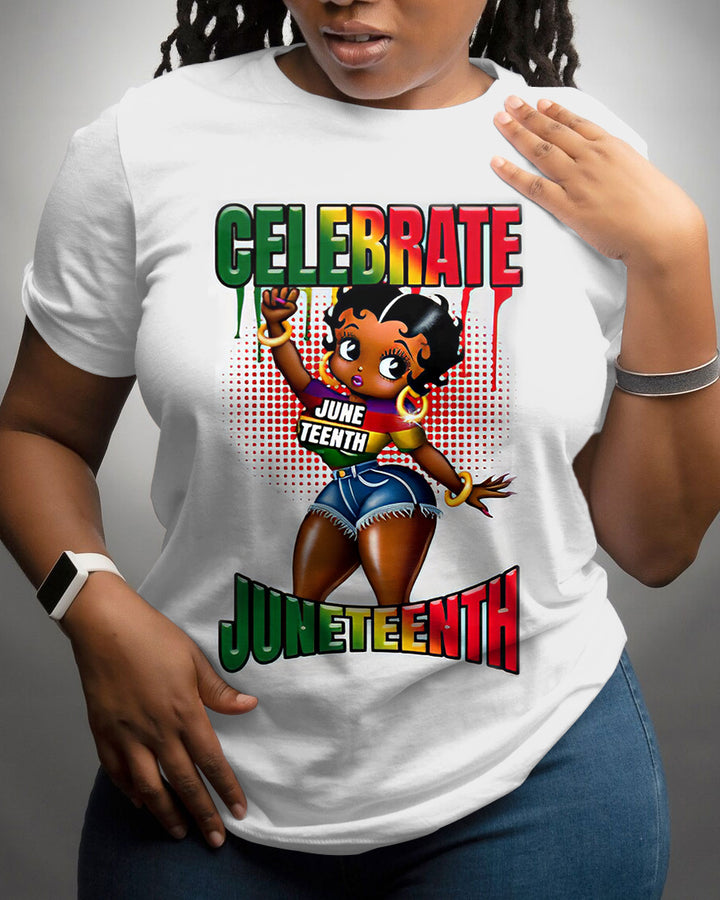 Cartoon Girl Celebrating Juneteenth 100% Cotton Crew Neck Short Sleeve Tshirt