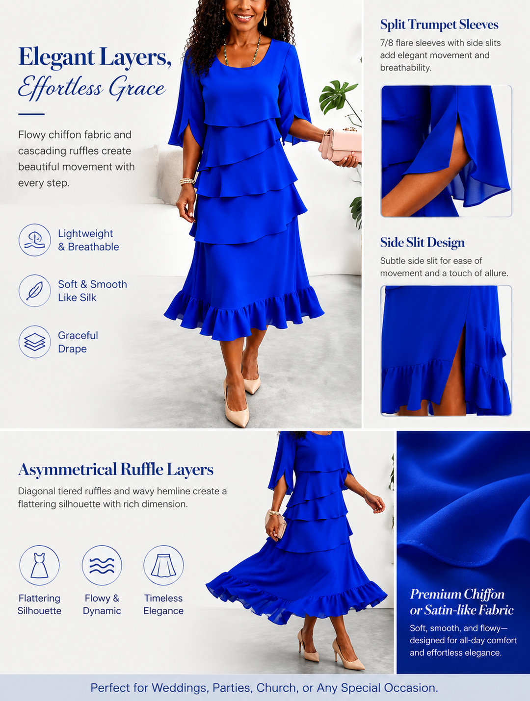 Fashion Tiered Ruffle Crewneck Loose Fit Flowy A-Line Midi Dress