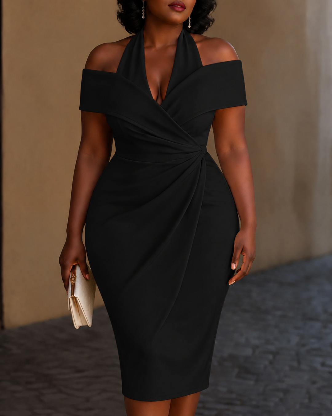 Off-Shoulder Halter Collar Ruched Wrap Midi Dress
