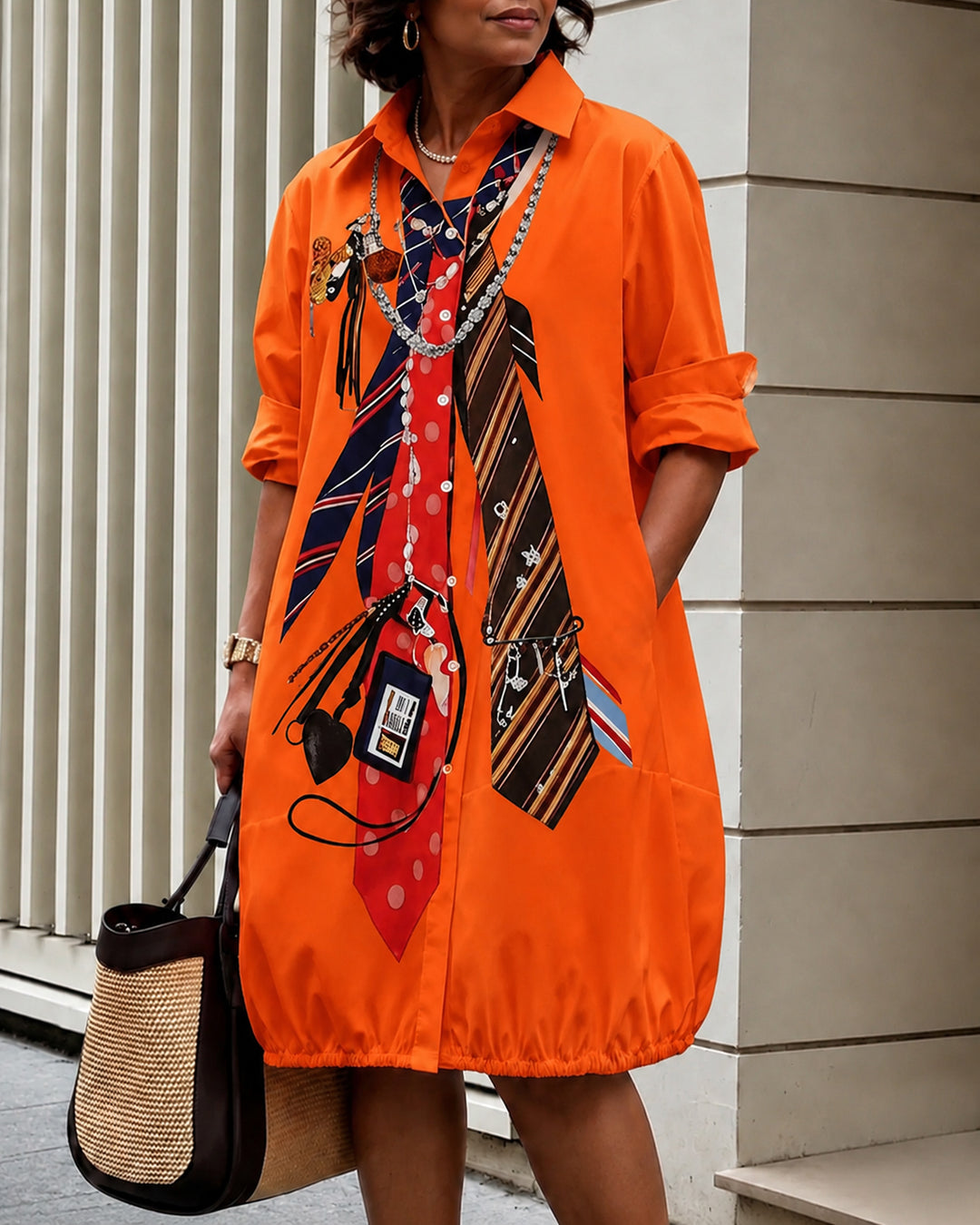 Long Sleeves Loose Buttoned Pockets Printed Lapel Midi Dresses