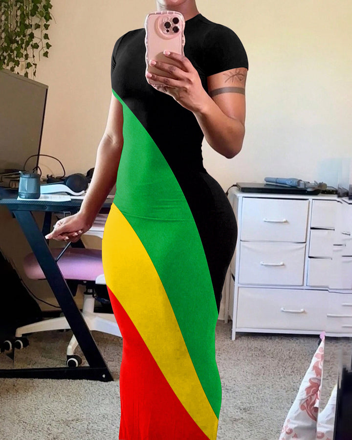 Reggae Jamaican Stripes Casual Short Sleeve Bodycon Dress