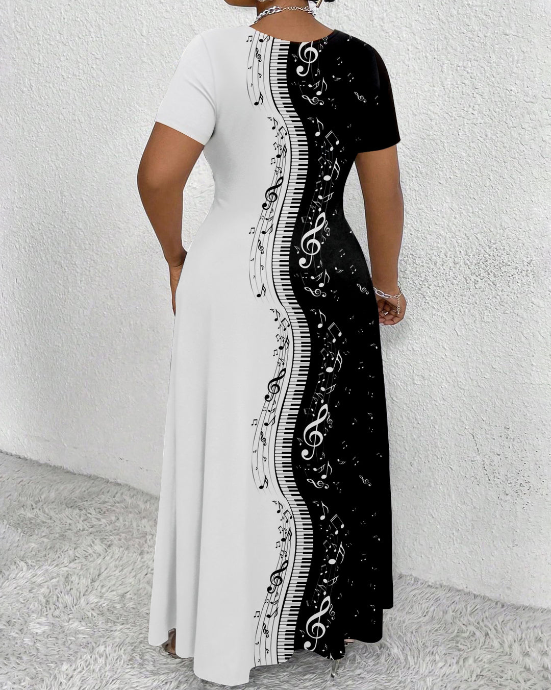 Fun Music Symbols Round Neck Short Sleeve Maxi Dress
