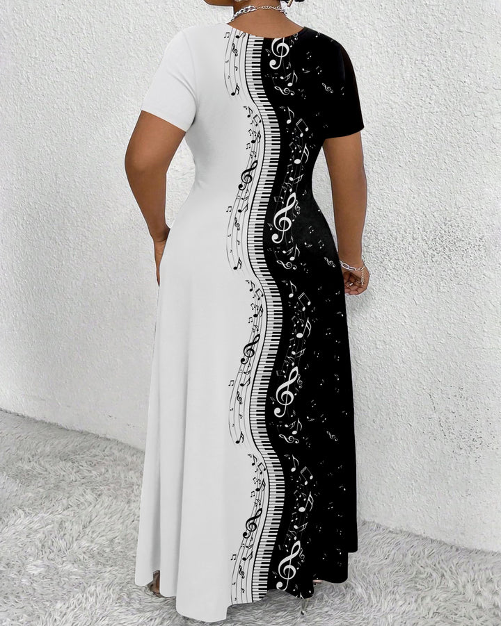 Fun Music Symbols Round Neck Short Sleeve Maxi Dress