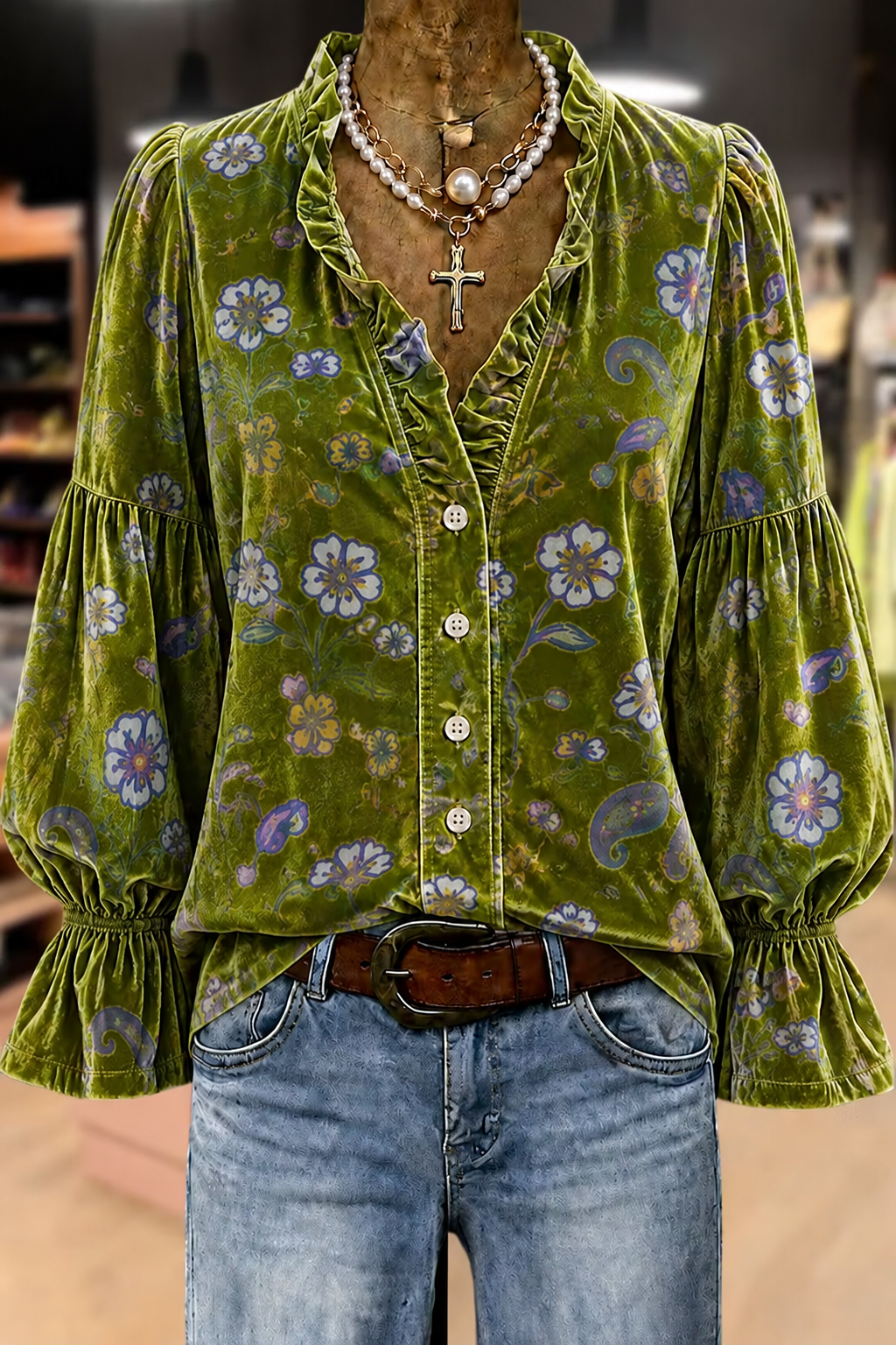 Vintage Floral Paisley Print Ruffle Neck Puff Sleeve Velvet Blouse