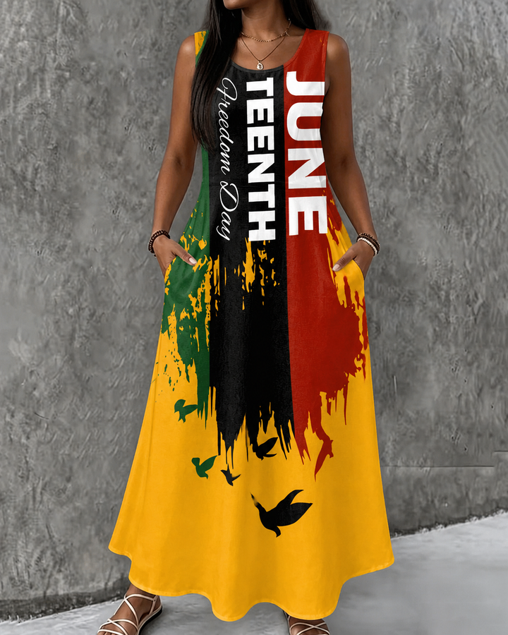 Freedom Juneteenth Graffiti Round Neck Pocket Casual Dress