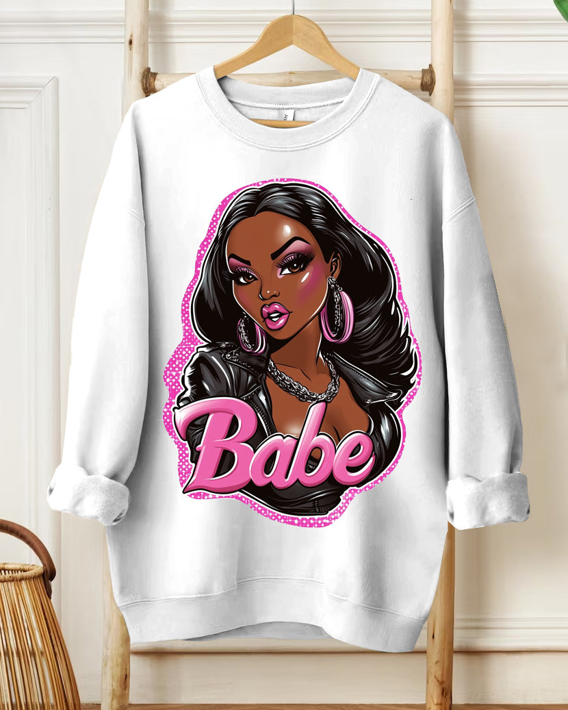 Fashion Doll Print Round Neck Long Sleeve Casual Sweatshirt