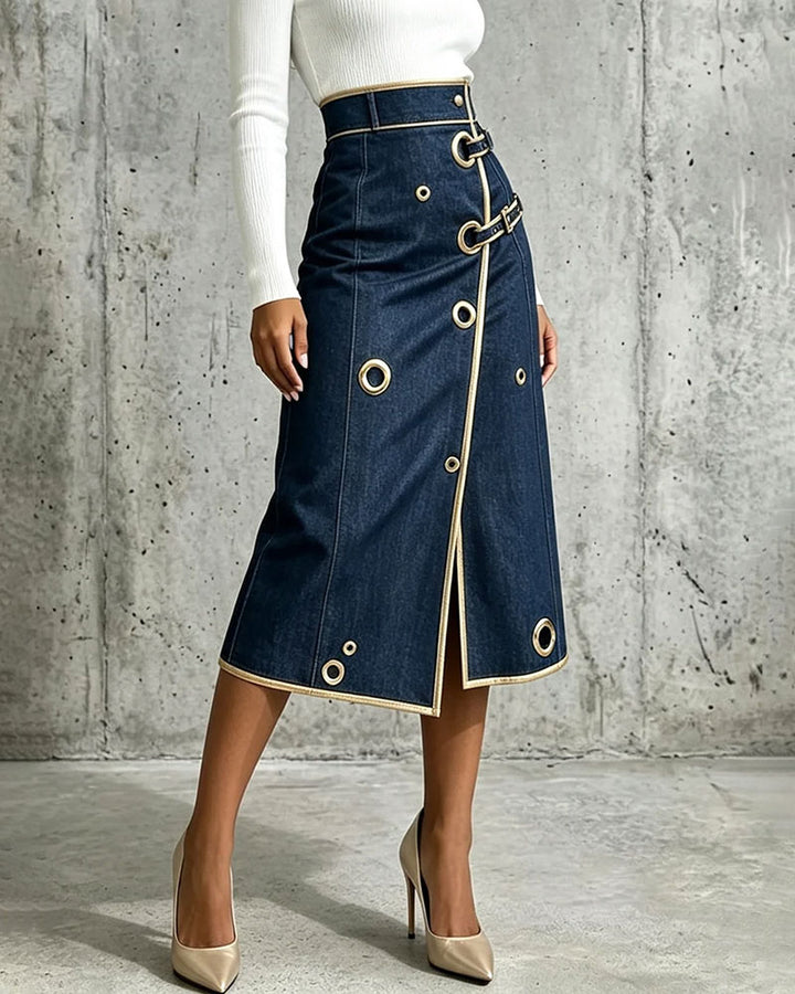 Chic And Refined Denim Midi Skirt With Gold Piping