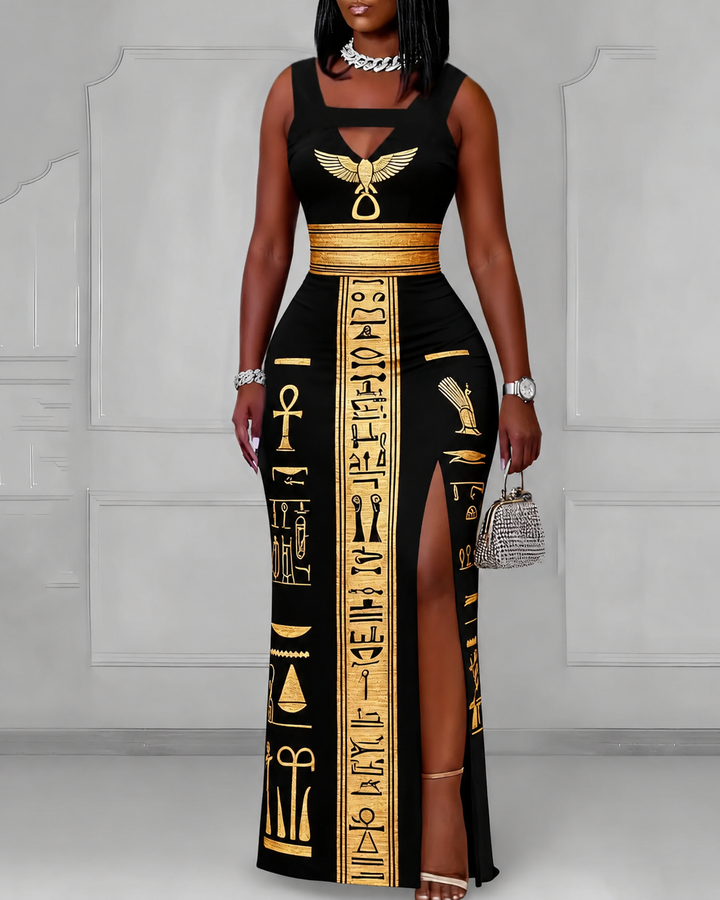 Cutout Off-shoulder V-neck Black Culture Egyptian Anka Symbol Sleeveless Bodycon Party Dress