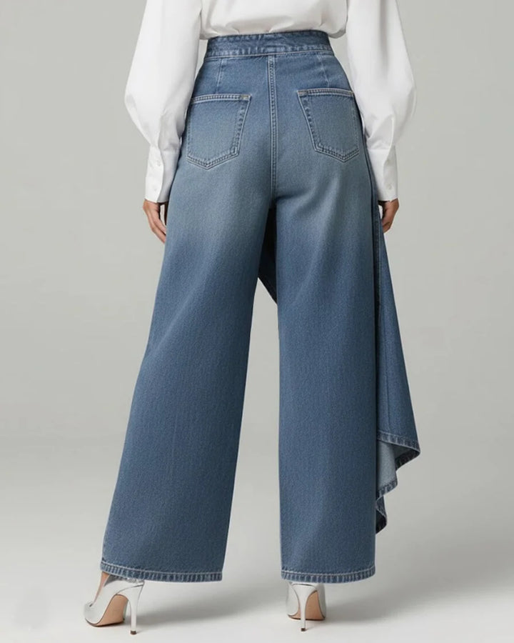 Ruffled Button-front High-waisted Washed Wide-leg Jeans
