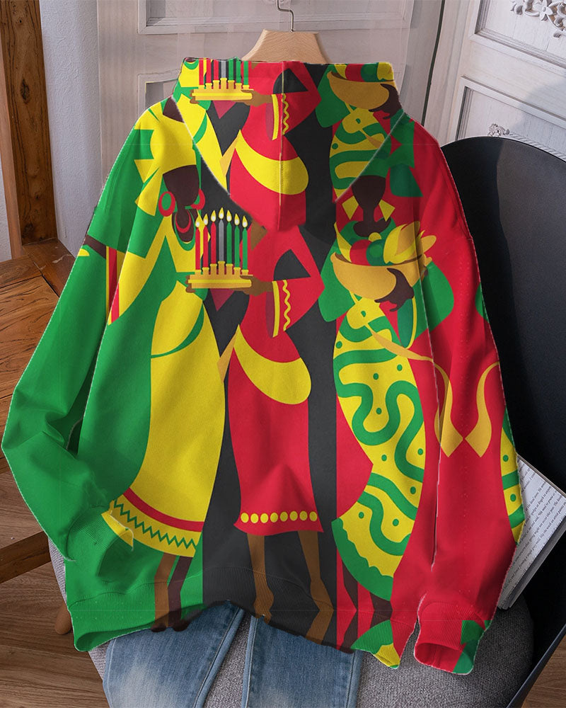 Women's Kwanzaa Black Printed Long Sleeve Pocket Hoodie