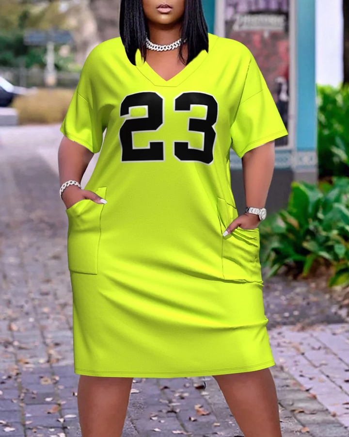 Fluorescent Green V Neck Number Print Short Sleeve With Pockets Midi Dresses