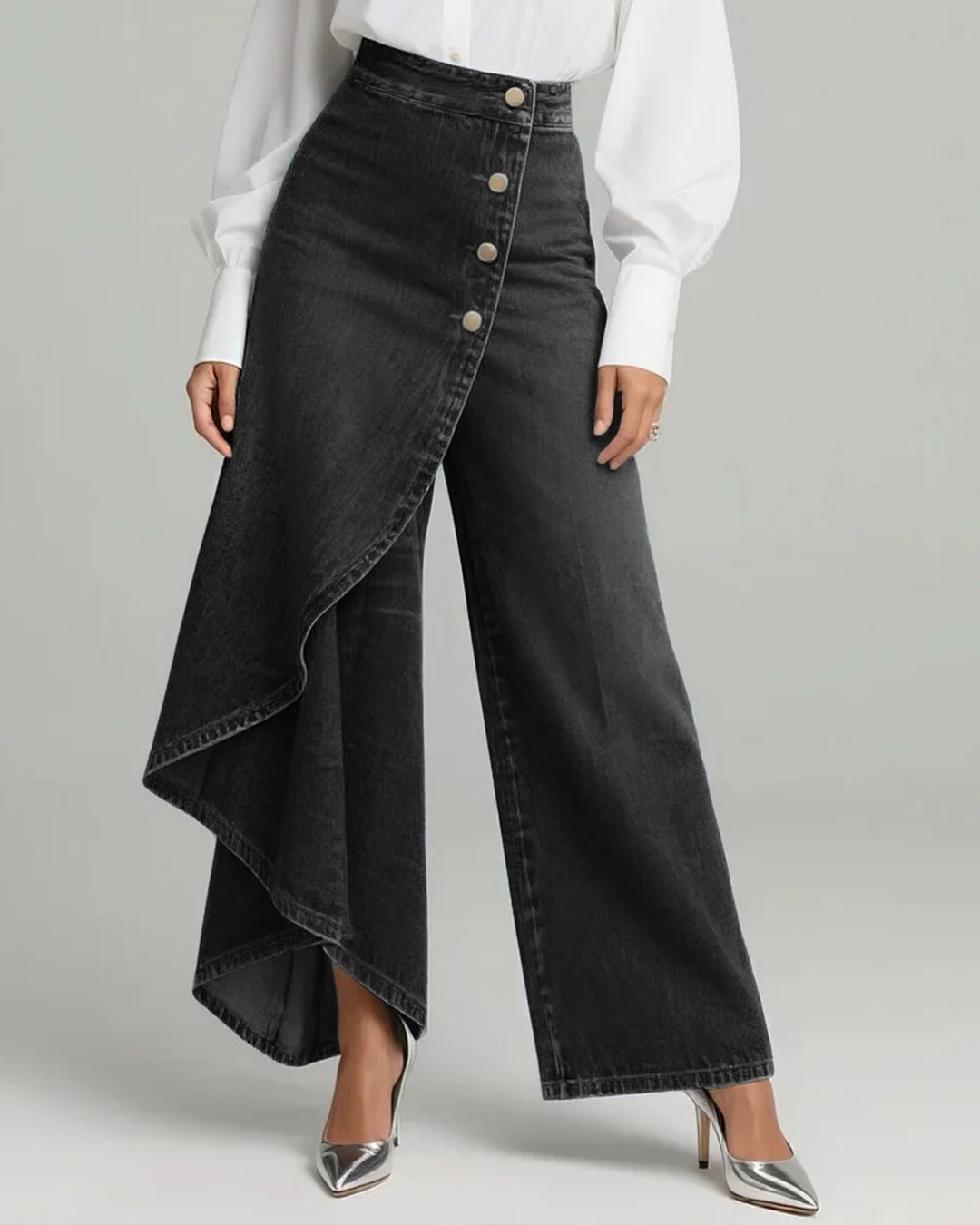 Ruffled Button-front High-waisted Washed Wide-leg Jeans