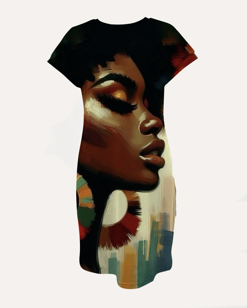 Crewneck Raglan-Sleeve Pocket Dress with Artistic Portrait Prints