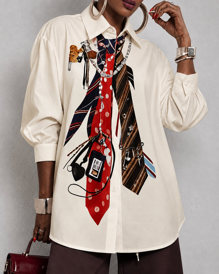 Loose Three-Quarter Sleeves Buttoned Contrast Color Printed Split-Joint Lapel Blouses&Shirts Tops