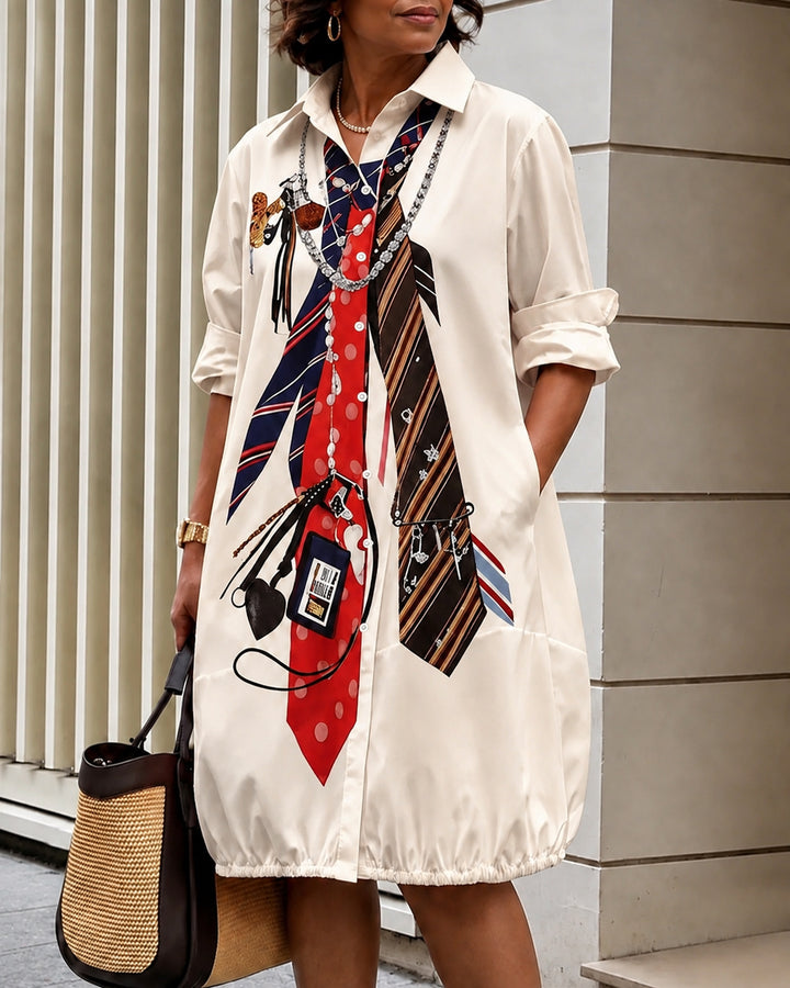 Long Sleeves Loose Buttoned Pockets Printed Lapel Midi Dresses