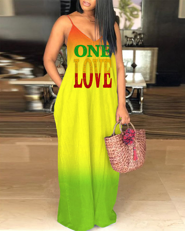 Reggae Gradient Color One Love V-Neck Pocket Cami Dress