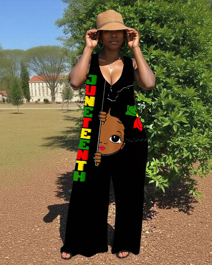 Juneteenth V-Neck Hooded Sleeveless Jumpsuit