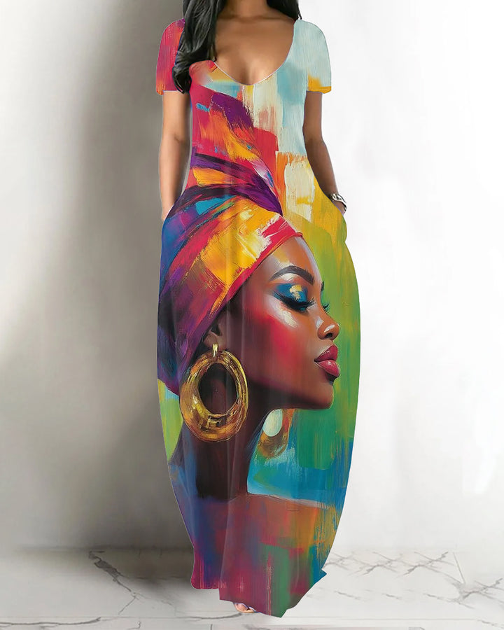 V-neck Black Women Oil Painting Pocket Maxi Dress