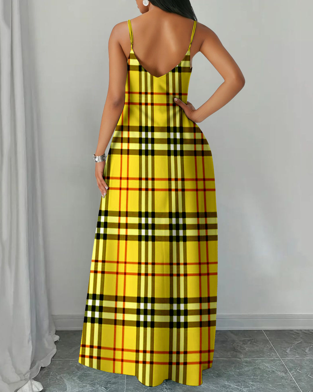 Sling Yellow Classic Plaid Pocket Maxi Dress