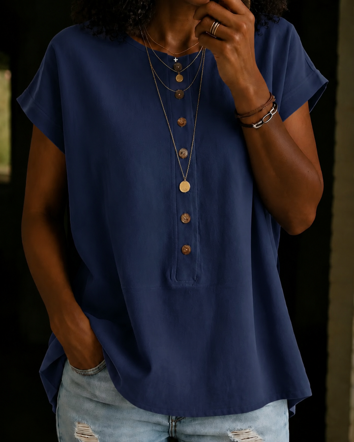 Round Neck Short-sleeved Button-down Solid Color Top