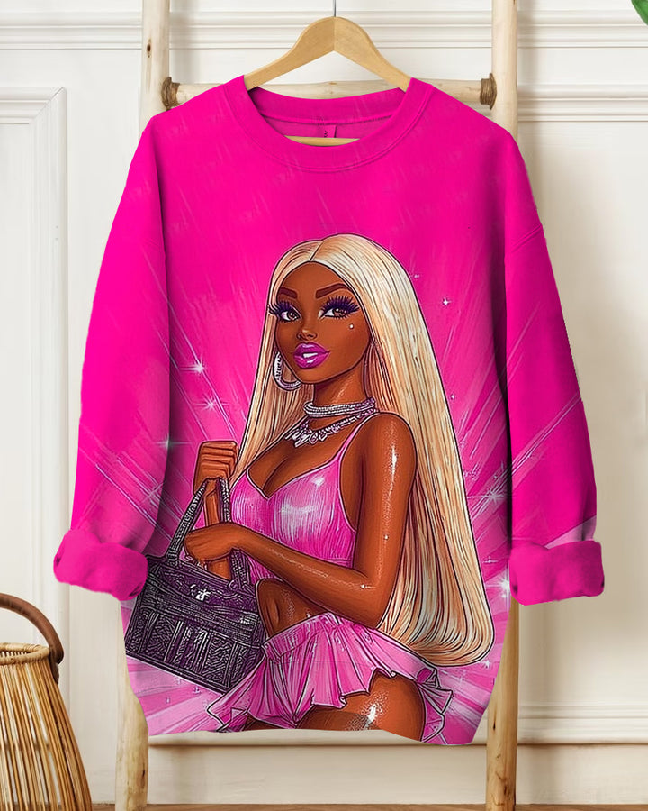 Fashion Girl Printed Long-Sleeved Round-Neck Sweatshirt