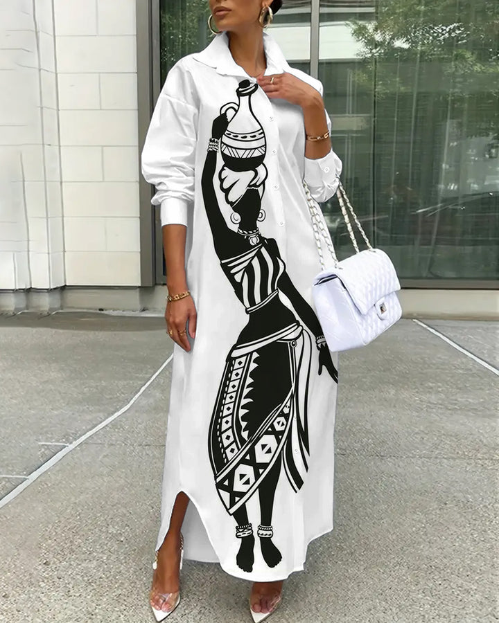 Tribal Black Women Loose Shirt Button Dress