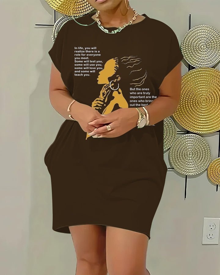 Crewneck Raglan-Sleeve Pocket Dress with Cartoon and Letter Prints
