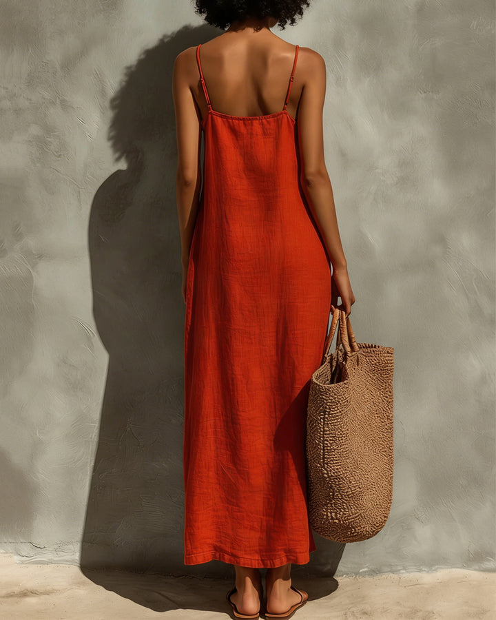Women's Red Cotton Dress With Spaghetti Straps