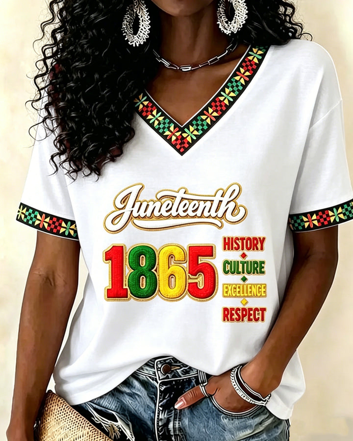 Juneteenth Remember The Past Print V-neck Short Sleeve Tshirt