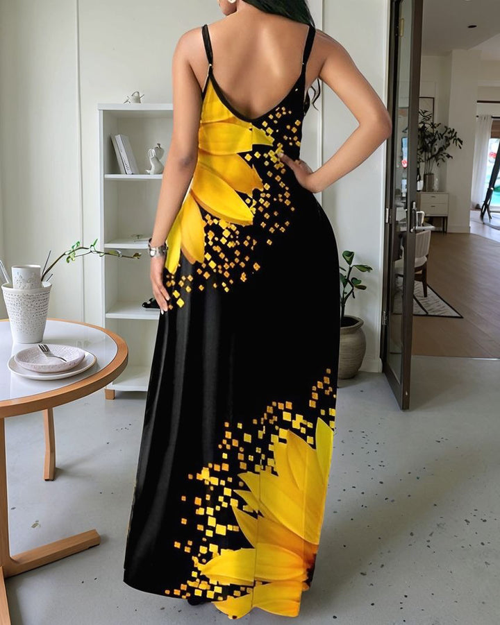 Sling Sunflower Geometric Print Pocket Maxi Dress