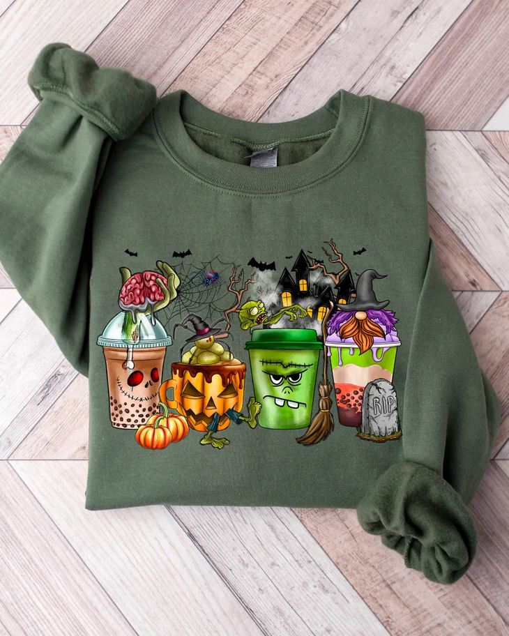 Halloween Gnomes Coffee Cup Cotton Long Sleeve Sweatshirt