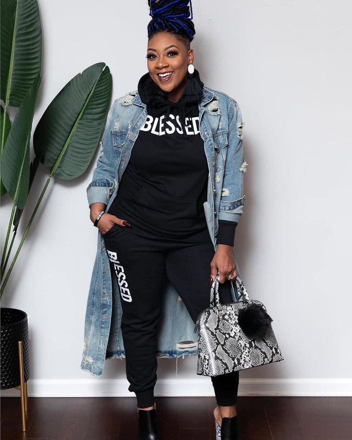 Simple Blessed Hooded Long Sleeve Two Pieces