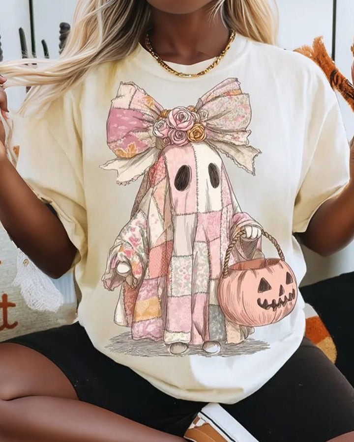 Retro Halloween Pink Denim Ghos Crew Neck Casual Short-Sleeved T-Shirt