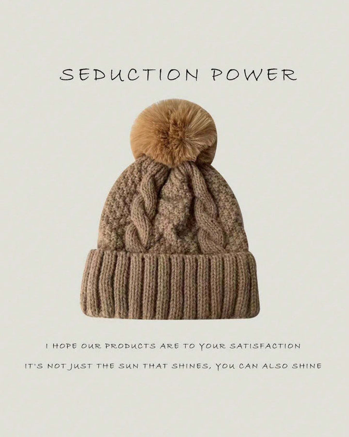 Women Warm Knitted Hat With Large Fur Pom Pom