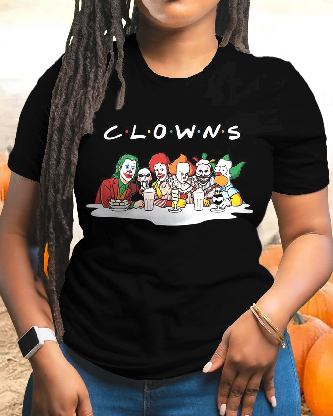 Halloween C·L·O·W·N·S Cotton Crew Neck Short Sleeve Tshirt