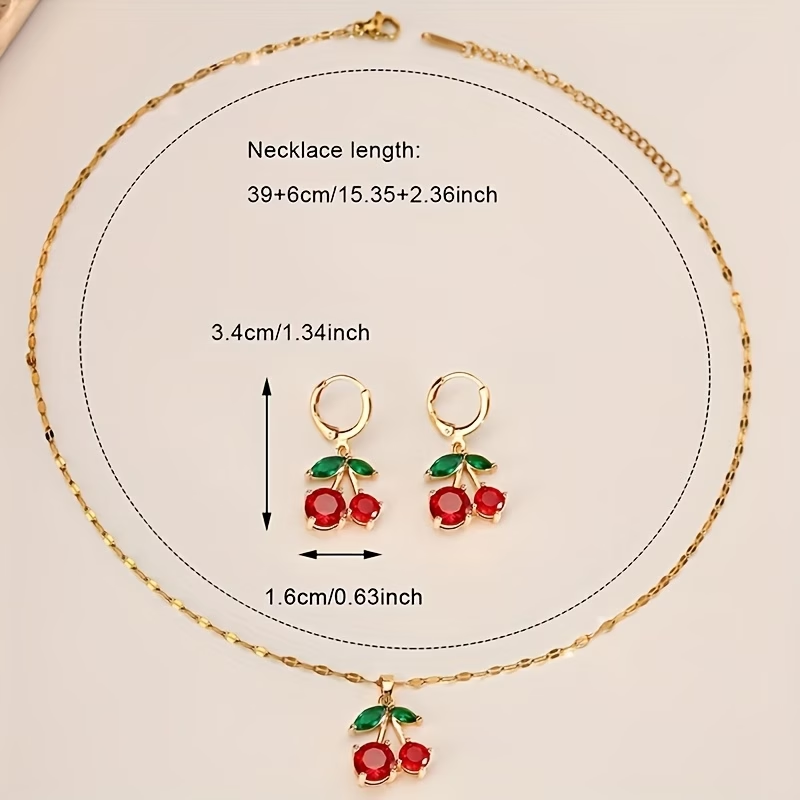 A Set of Cute-style Necklace and Earrings Featuring Exquisite Red Cherry Designs