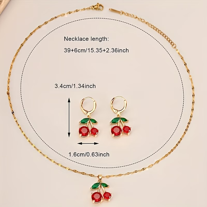 A Set of Cute-style Necklace and Earrings Featuring Exquisite Red Cherry Designs
